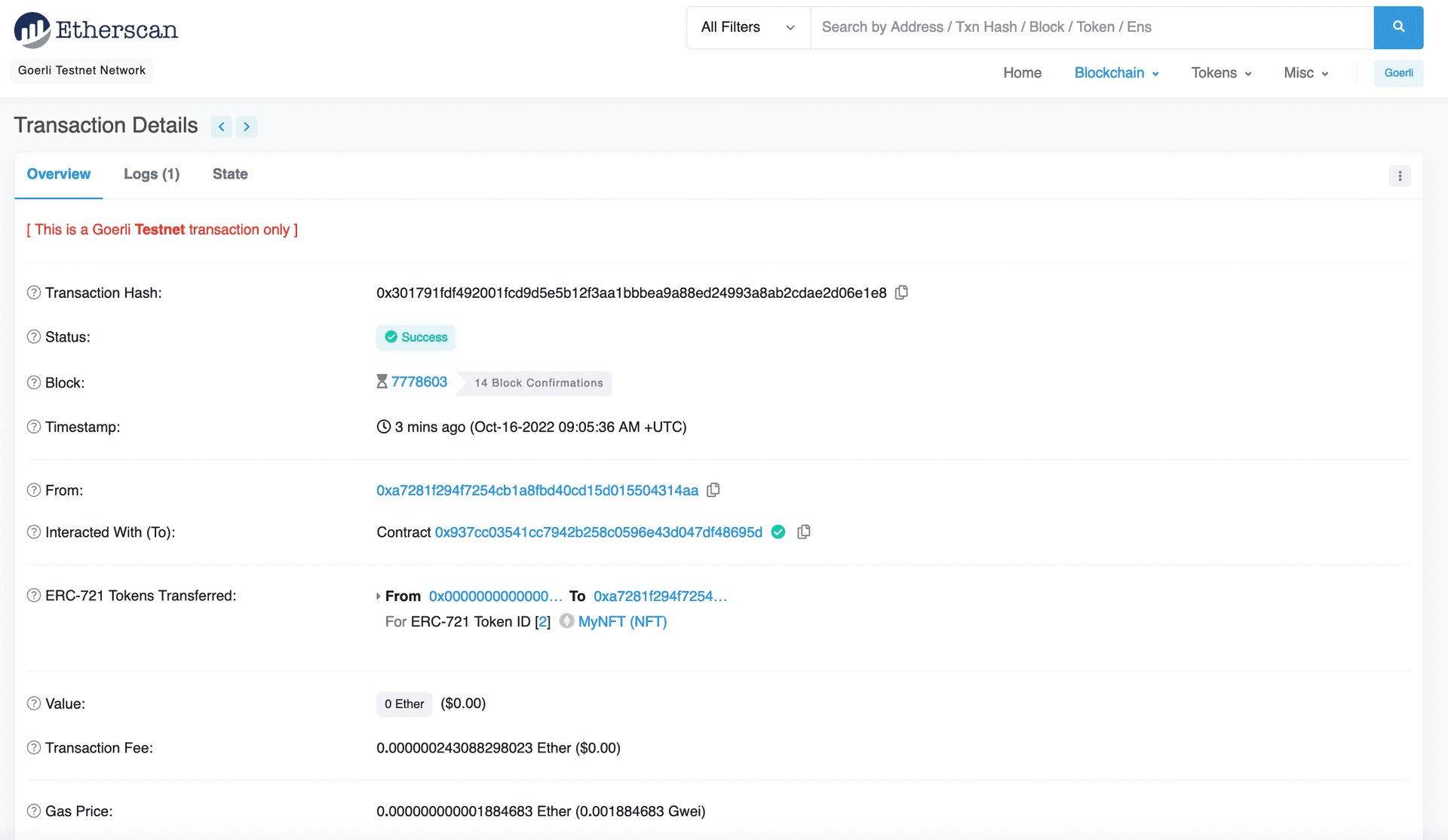 Ver el hash de transacción de su NFT en Etherscan