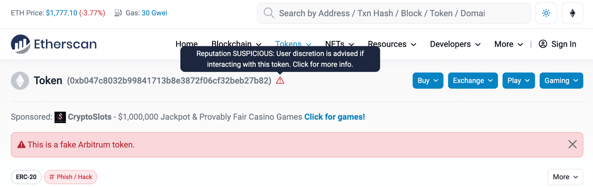 Scam token in Etherscan